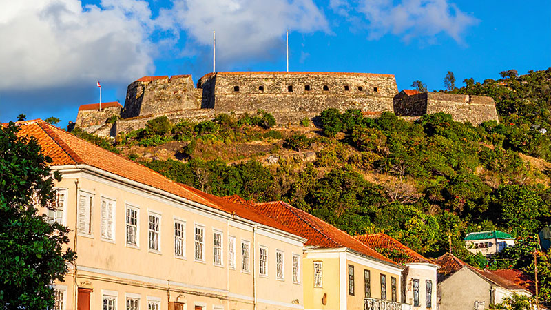 Historic Christiansted St. Croix with Danish colonial architecture and Fort Christiansvaern